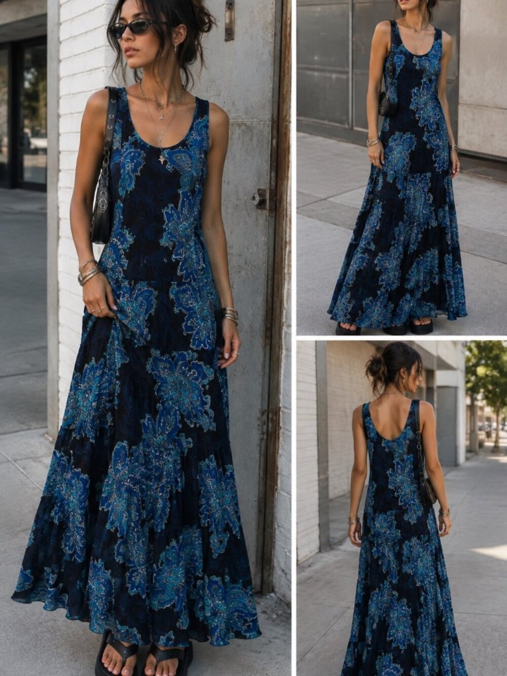 Boho Blue Paisley Tiered Maxi Dress XS Sleeveless Layered Chiffon Festival Fairy